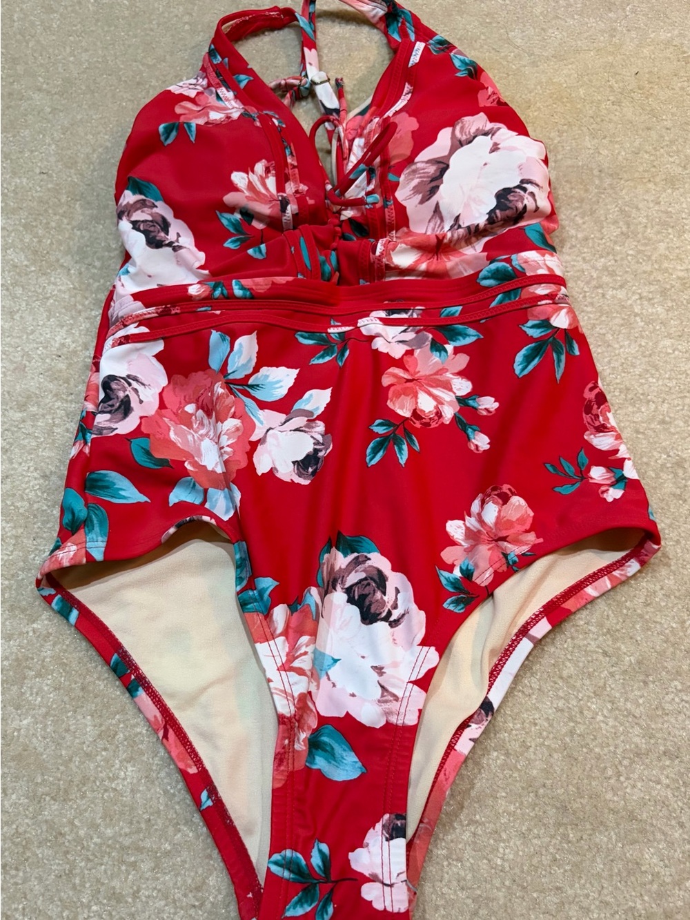 Kona Sol Red Floral One-Piece Swimsuit